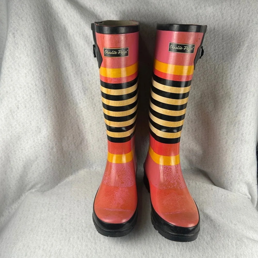Charlie Paige Rain Boots Womens 7 Pink Orange Striped Tall Rubber Waterproof